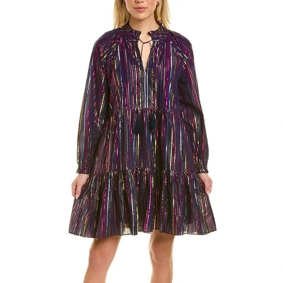 Roller Rabbit Janni Rainbow Lurex Stripe Tiered Dress Dark Navy Size XS NWT - Picture 13 of 13